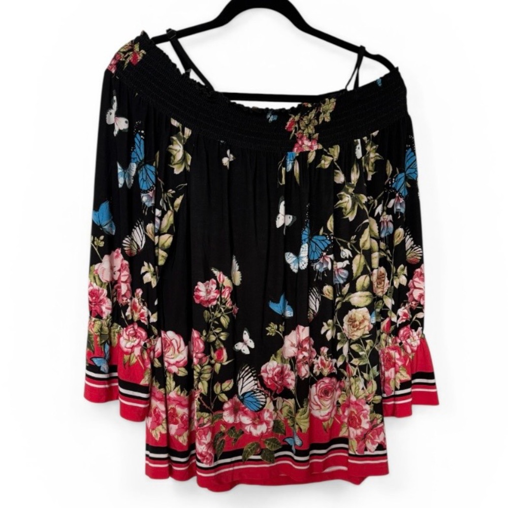 INC Off-Shoulder Black Floral & Butterfly Women’s Top with Pink Trim size XL
